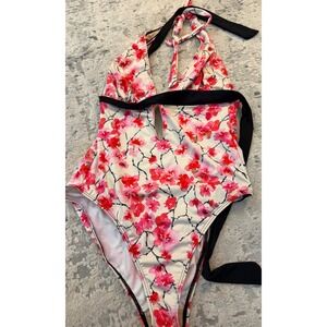 Tart‎ Swim Womens Pink Floral Cherry Blossom Halter One Piece Swimsuit Size M